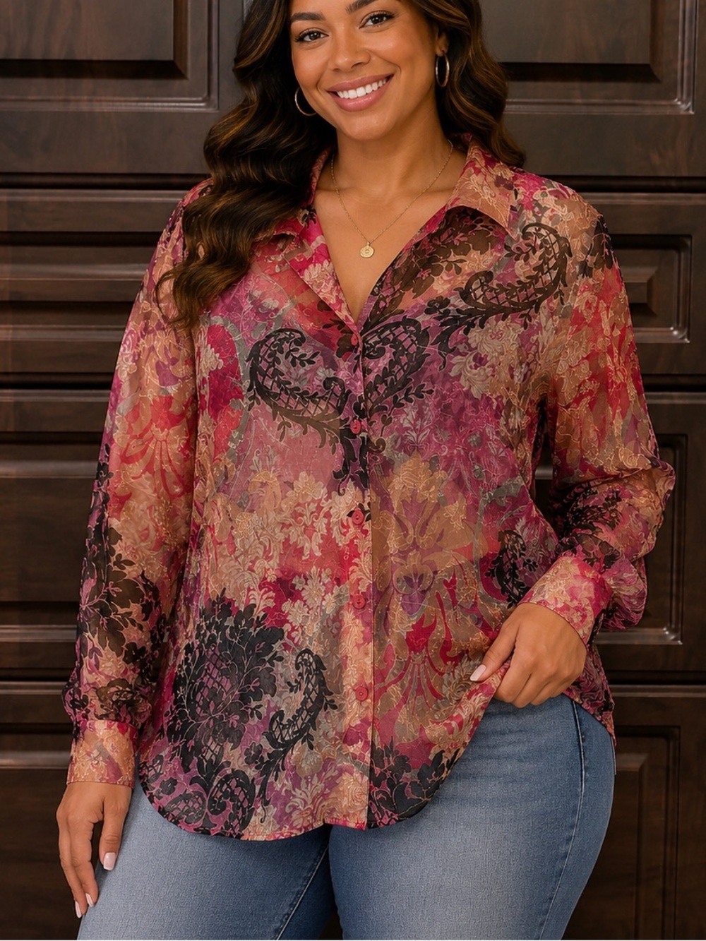 Alfred Dunner Burgundy Multi Paisley Sheer Button-Down Shirt SIZE 12